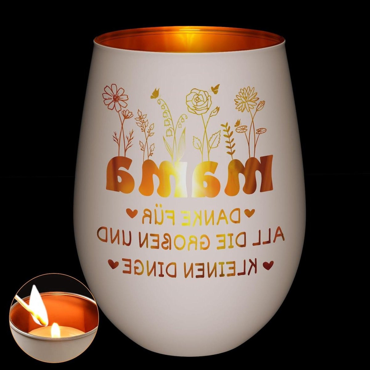 Gegraveerd Glas Windlicht Theelichthouder - Goud - Hoogte: 13 cm