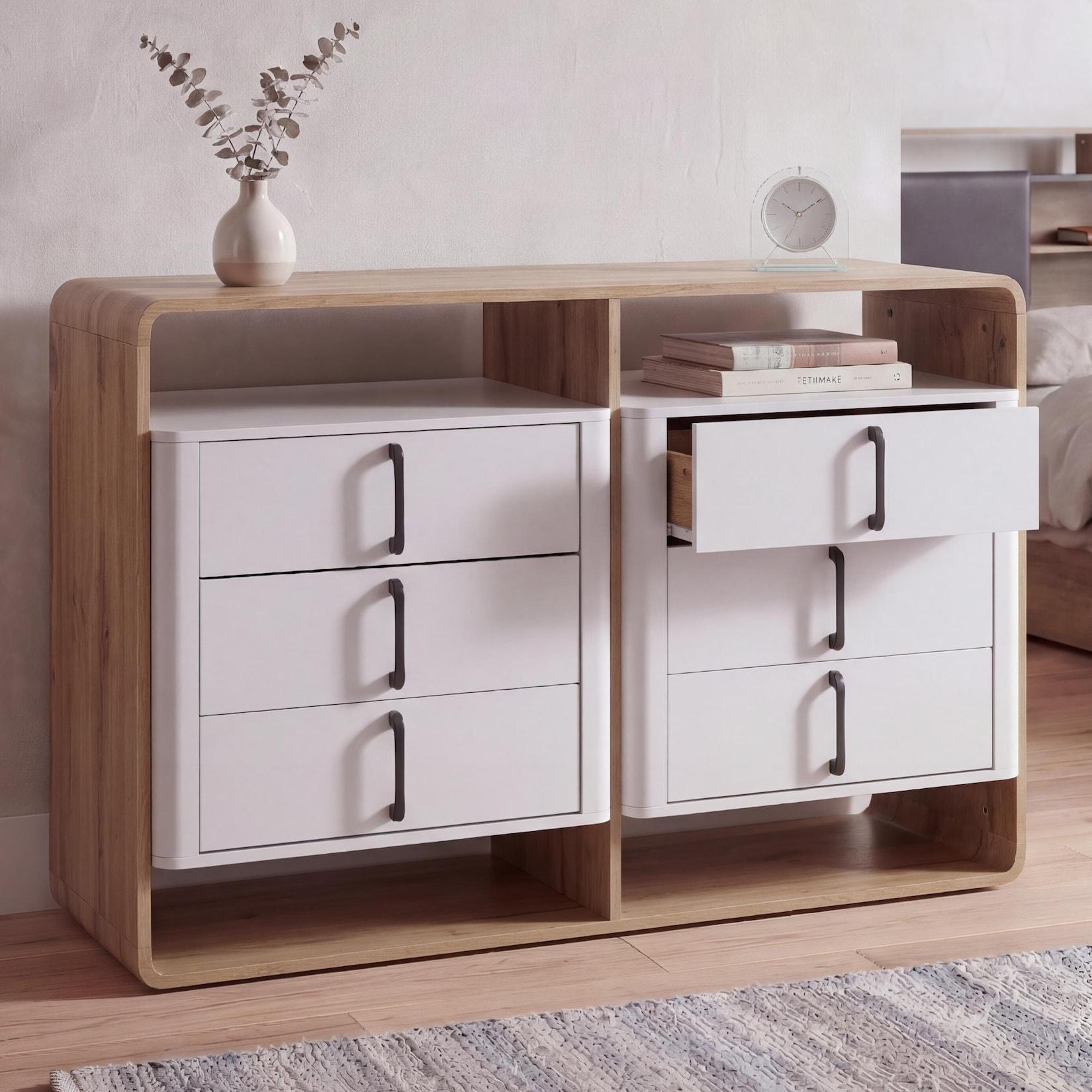 Highboard MCW-P43, Hochschrank Sideboard Kommode, 5 Schubladen MDF 155x80x41cm ~ Wotan-Eiche-Optik, weiß