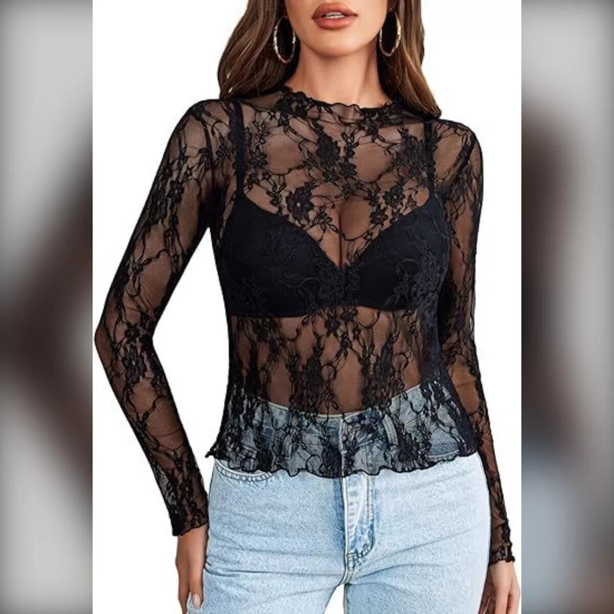 INF Elegante, durchsichtige Blumen-Spitzenbluse für Damen – Schwarz, langärmeliges Oberteil XXL