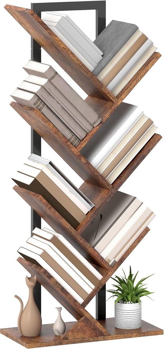 Industriële vrijstaande boekenplank in boomvorm met 7 niveaus