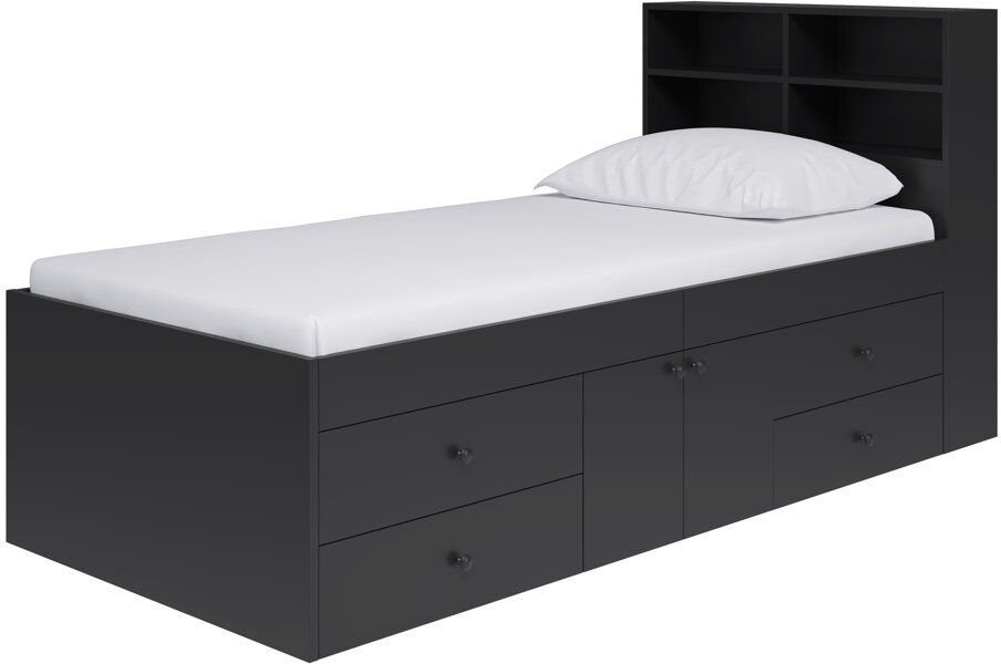 Latitude Run Captain's Single 3ft Cabin Bed with bookcase headboard Black 100cm H X 96cm W X 214cm L