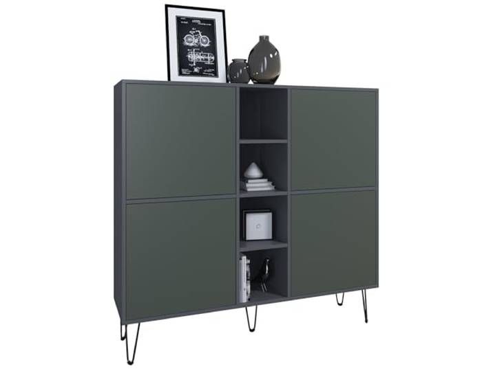 Vladon Highboard Havana V3, Kommode mit 4 Türen und 4 offene Fächer, Kommode Made in Germany, Anthrazit matt/Fjord Grün (130,5 x 124 x 35 cm)