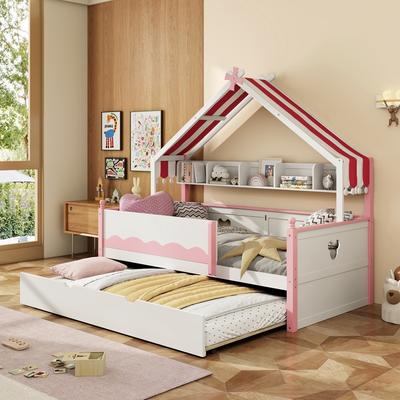 Wooden House Shaped Daybed with Built In Bookshelf