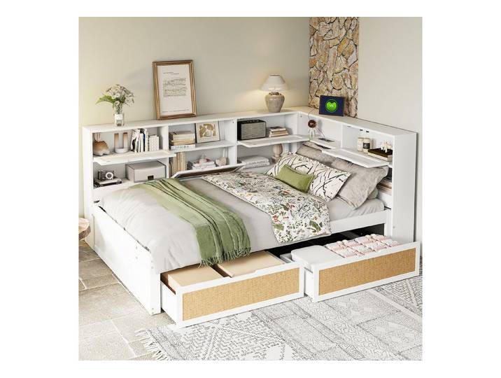REDOM Stauraumbett Kinderbett Holzbett (aus Massivholz mit Stauraum & Ladeanschlüssen – Kinderbett & Einzelbett, 140x200cm), ohne Matratze