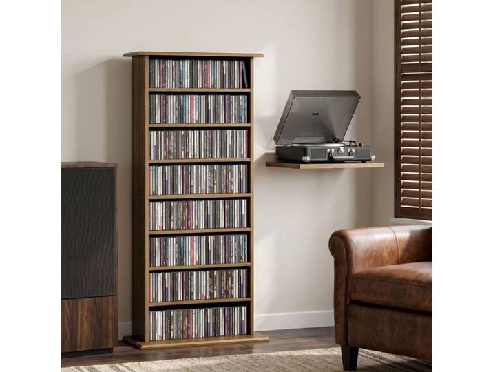 Meuble de Rangement CD DVD Colonne Étagère 8 Compartiments 6 Tablettes Réglables 360 CD 185 DVD Noyer