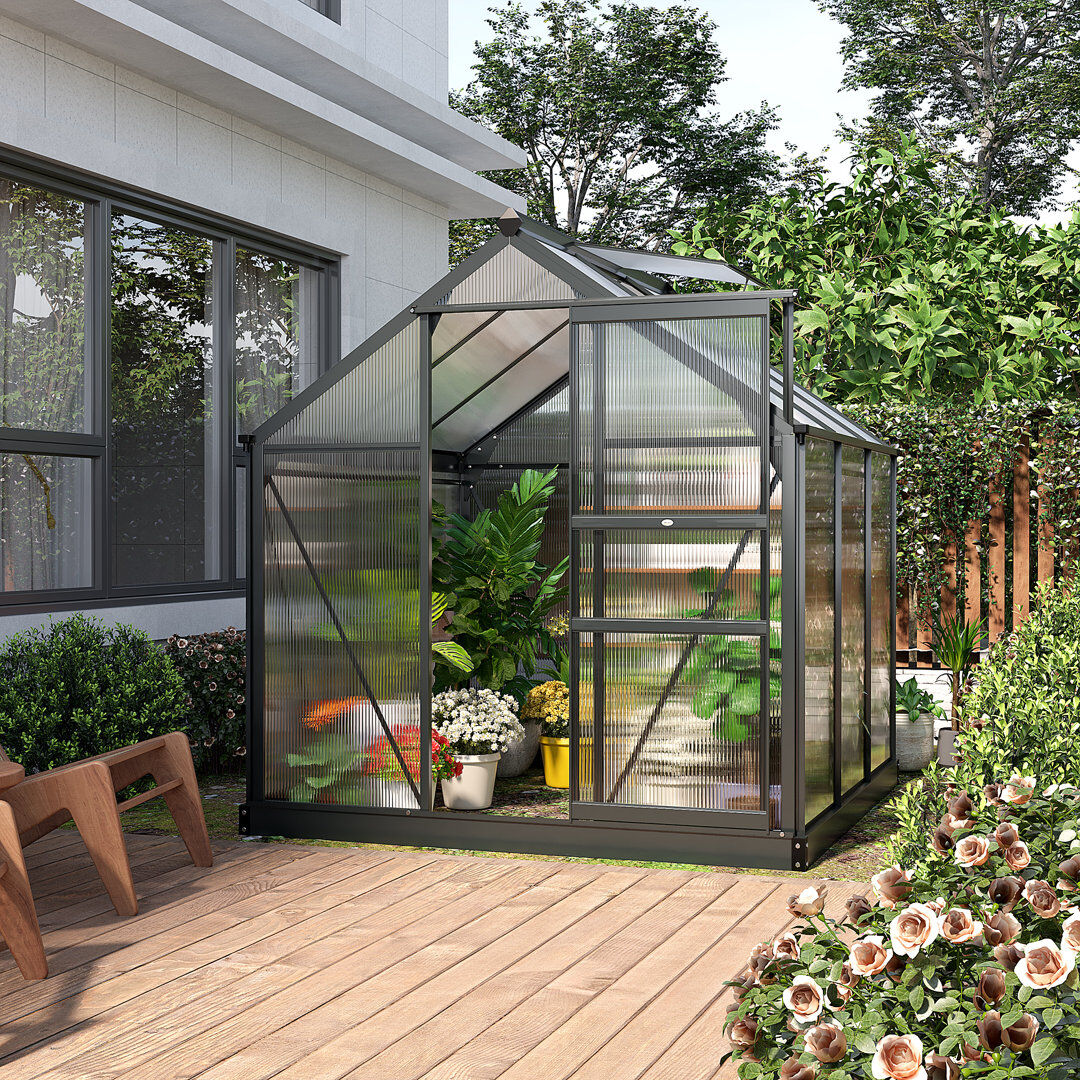 Dakota Fields Outsunny 6 x 6ft Polycarbonate Greenhouse Walk in Slide Door Grey Clear 201cm H X 190cm W X 192cm D