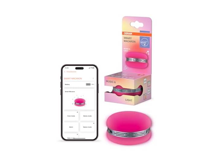 Osram Smart Macaron\, enceinte Bluetooth avec éclairage coloré rotatif\, synchronisation musicale et minuterie via application – 3 modes\, appairage stéréo