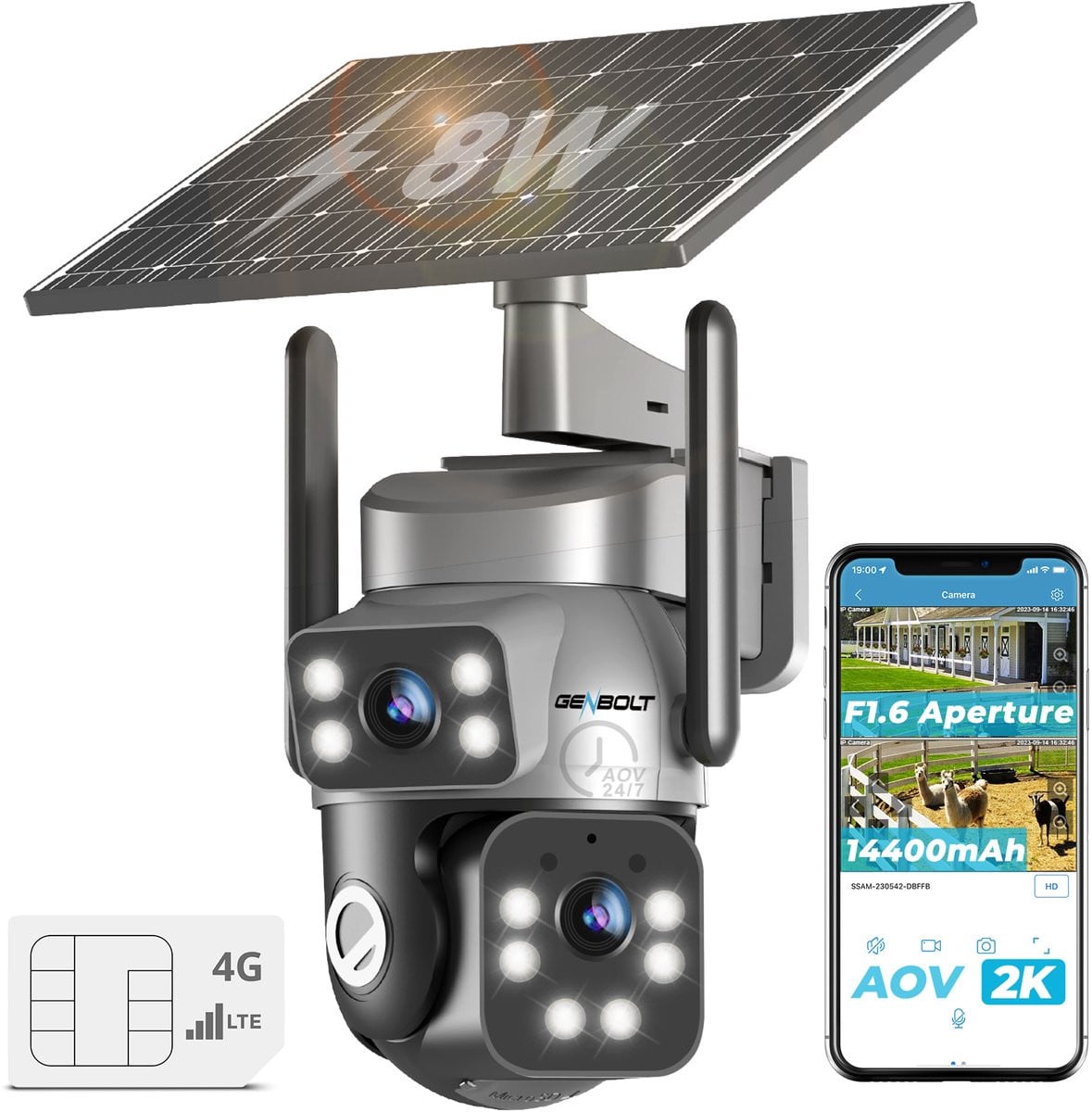 GENBOLT 4G Beveiligingscamera Buiten met Zonnepaneel, 3MP Dual Lens, Draadloos, 14400mAh, IP66, AI-detectie en 24/7 AOV opname