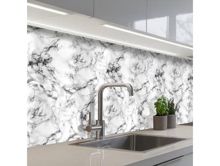 KitchenYeah© Spritzschutz Küchenrückwand Küche Abwaschbar Selbstklebend 80x400 cm - Küchenwand Küchenfront Küchen Rückenwand Wandschutz Marmor - Schwarz - Dramatisch - Weiß