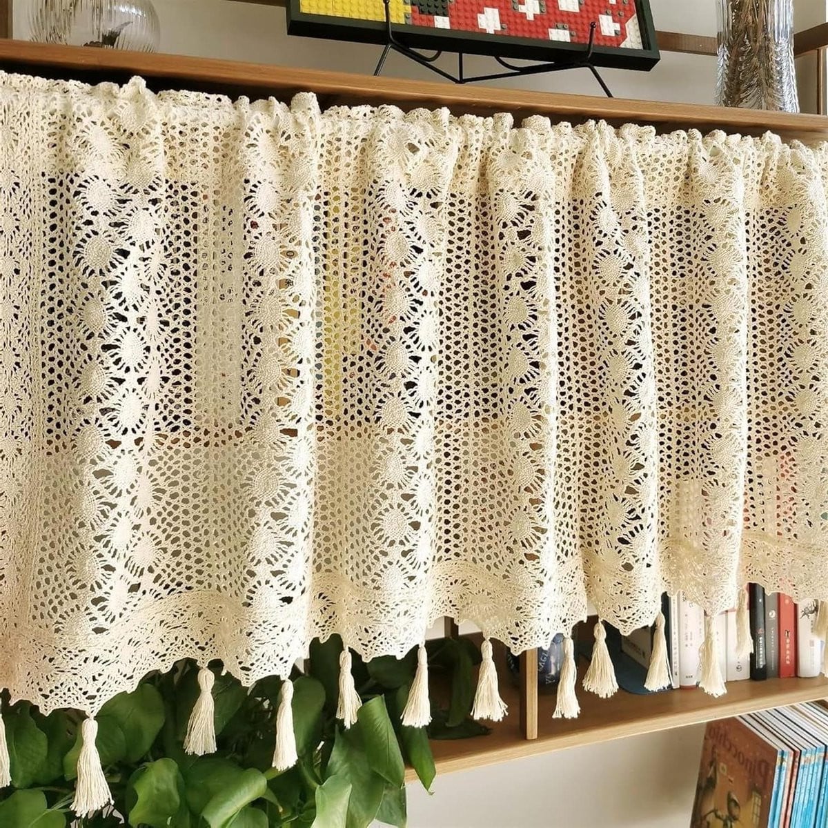 Beige Gehaakt Kort Gordijn van Kant met Kwastje voor Privacybescherming - 200 x 90 cm