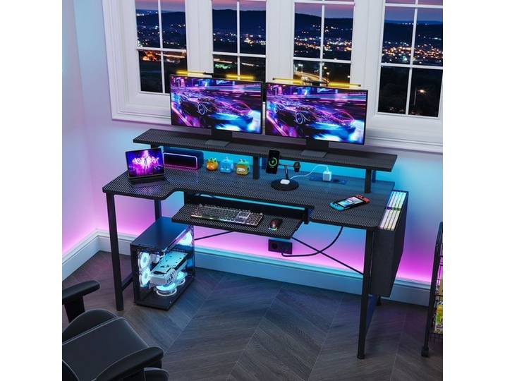 Bureau Gaming LED en U 140x50x75CM Grand Plateau Bureau d'ordinateur avec Support Écran Prises Plateau à Clavier Poche Noir