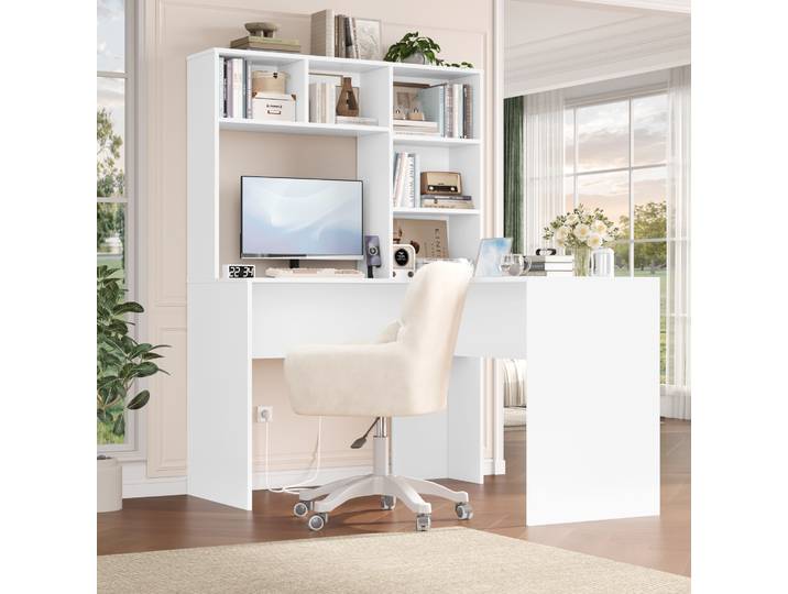 Getone Bureau d'angle Bureau avec Rangement en Forme de L bureau blanc Bureau d'ordinateur avec Étagères en Bois 107.8x124.7x152.5cm