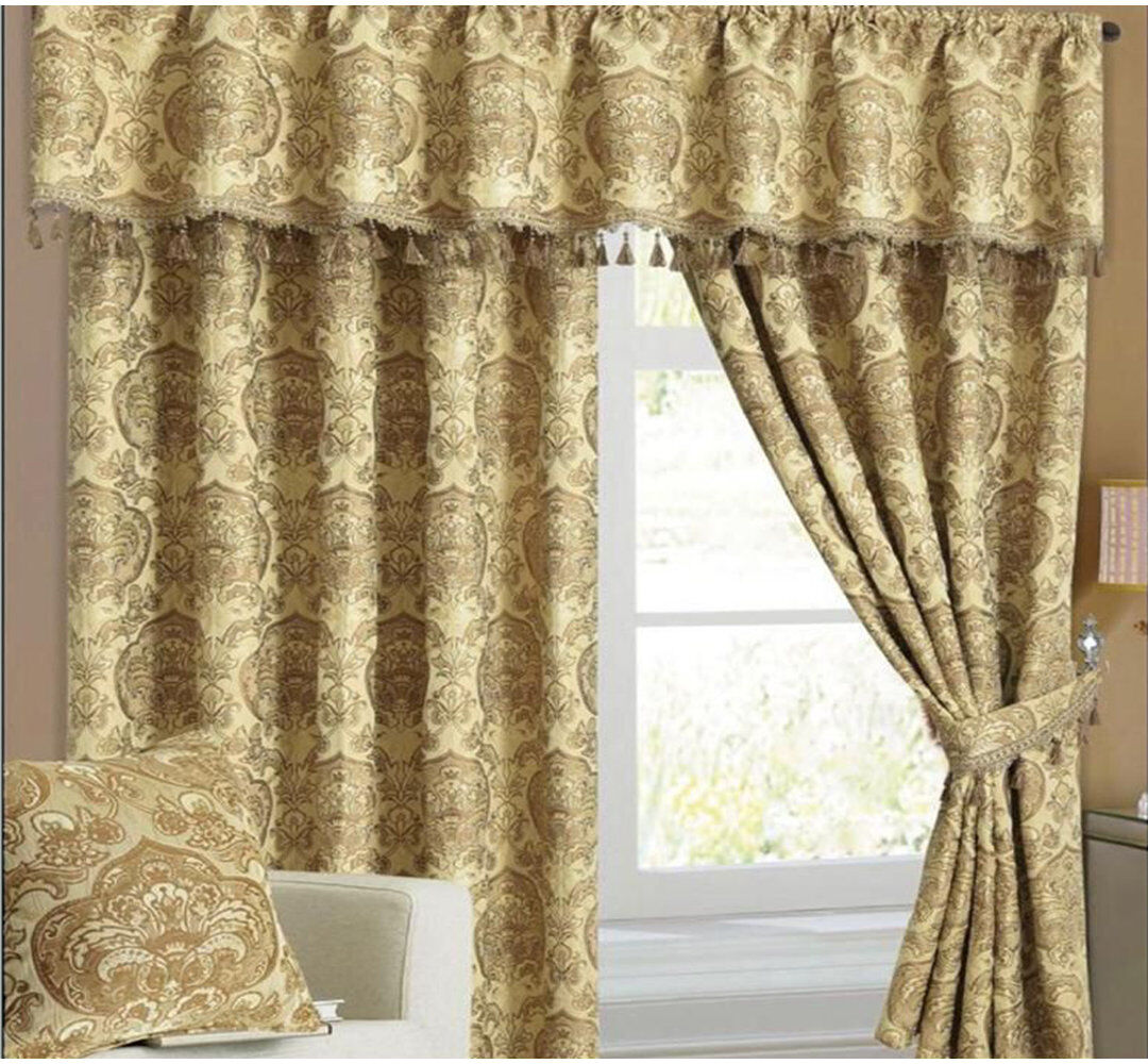 Astoria Grand Jacquard Floral Curtains with Pencil Pleat, Matching Pelmet and Tiebacks Blackout Light Blocking, Gold Width 117cm x Drop 228cm