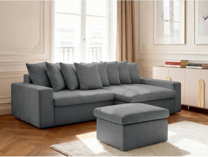 Canapé d'angle fixe ENORE tissu lisse avec pouf