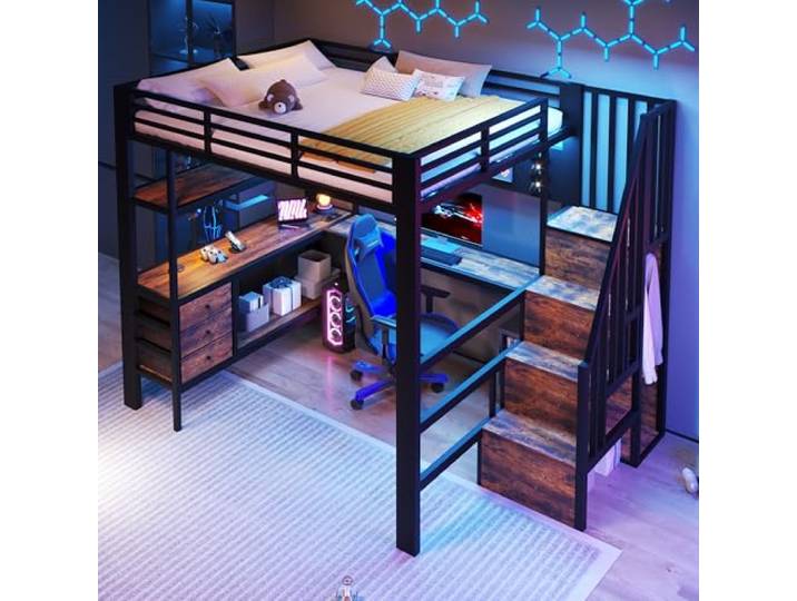 BTM Hochbett Jugendliche 140x200 mit Schreibtisch und LED, Stauraum Schwarz