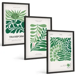 BILDER SET 3er Set - 40x60 cm Schwarzer Rahmen - Formen grüner Blätter