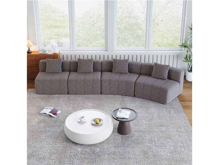 Canapé modulable courbé 4 places avec 2 coussins sans montage forme demi-circulaire chenille gris - UVRION