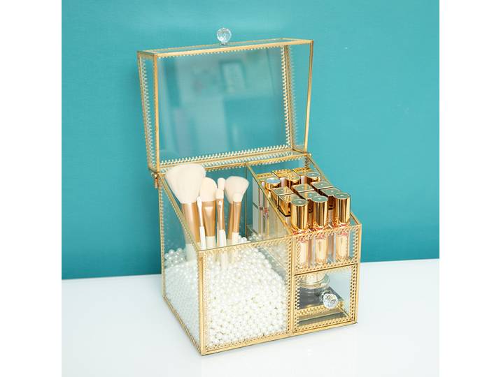 Boîte de rangement en verre pour pinceaux de maquillage en cuivre rétro, seau de rangement pour rouge à lèvres, étui à cosmétiques avec couvercle anti-poussière