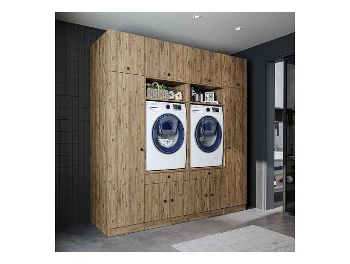 Roomart Waschmaschinenumbauschrank Schrankwand 224 cm, 2 Geräte, Ausziehbrett, Waschküche, in 3 Farben (Schrankwand für Waschküche und Hauswirtschaftsraum, mit praktischem Ausziehbrett) 2 Geräteöffnungen, Ausziehbrett, 2 Größen, 3 Farben