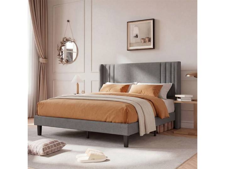 Lit 140x200cm - Lit double 140x200cm - Cadre robuste- Sans matelas - Élégance et Confort - Design Minimaliste en Lin Gris
