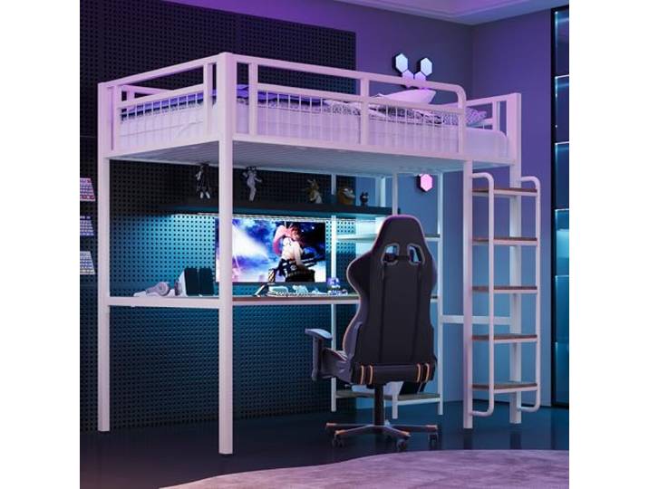 Bellemave Metall‑Hochbett 90x200cm Weiß Jugendbett mit Treppenleiter, Tisch, Regalen und Metall‑Sicherheitszaun, ohne Matratze