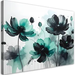 WANDBILD, Türkisfarbene Blumen in einem modernen dekorativen Stil