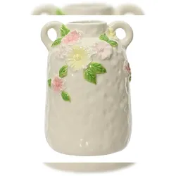Decoris Vase / Blumenvase mit Blumenmotiv & Griffen Keramik 12x18cm Creme Rosa Tischvase - Dekovase Keramikvase Home Dekor Flower Vases - Tischdeko Geschenk