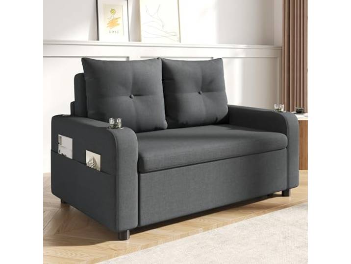 DUlVBPE 3-in-1 Schlafsofa, ausziehbares Sofa Bett mit Schlaf-Funktion, Doppelsofa mit Getränkehalter, Seitentaschen, Kissen und USB-Anschluss, modernes Design, Grey.