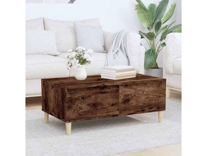 HEFZGDB Couchtisch Räuchereiche 90x50x36,5 cm Holzwerkstoff mit 1 Schublade und massiven Eukalyptusholzbeinen für Stauraum und Stabilität, Zeitloses skandinavisches Design, robuste