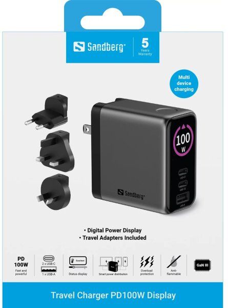 Sandberg Rejseoplader Pd100w Display, Sort