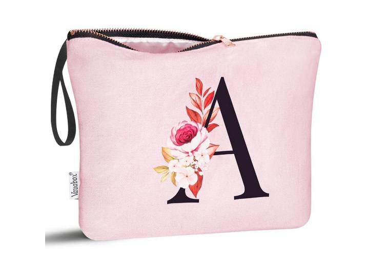 Kulturbeutel mit Initial A und Blumenprint Pink, Rosa, 20x1x25 cm, Badaccessoires, Kosmetikdosen