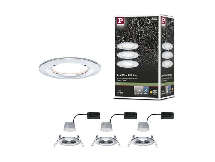 Paulmann 93499 LED Spots encastrés 3-Step-Dim Nova Coin Basisset rigide IP44 rond 78 mm Coin 3x6W 3x470lm 230V dimmable 2700K Chrome