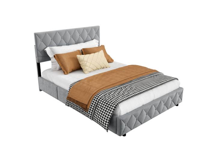 Modfu Polsterbett aus Samt 140x200 cm Grau mit hydraulischem Stauraum, 140x200 cm, Schlafzimmer, Betten, Polsterbetten