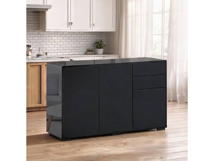 Buffet noir laqué et mat 117x36x74 cm design contemporain 2 tiroirs et 3 portes
