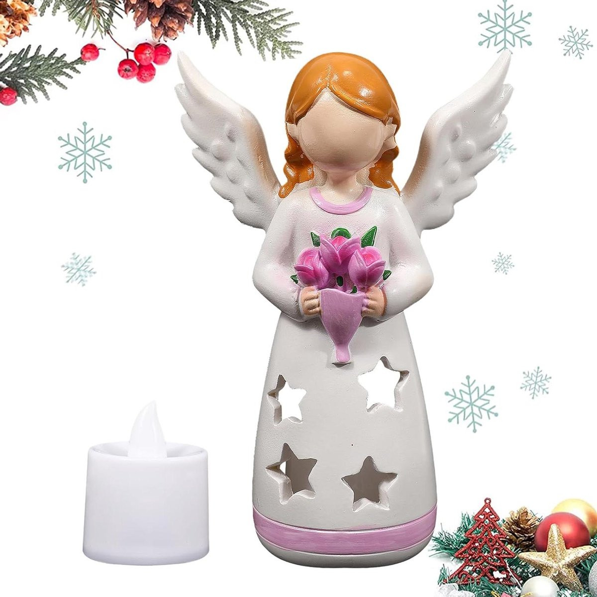 Decoratieve Engel Kandelaar met Geïntegreerd LED Licht, Hoogte: 14,5 cm