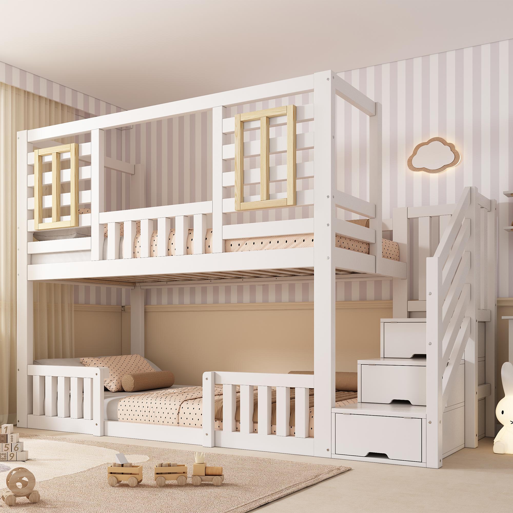 Merax Etagenbett 90x200cm mit Stauraum und Kletterleiter, Kinderbett im Hüttenstil mit Holzfenstern und Treppenschrank, Sicherheitsgeländer, Weiß