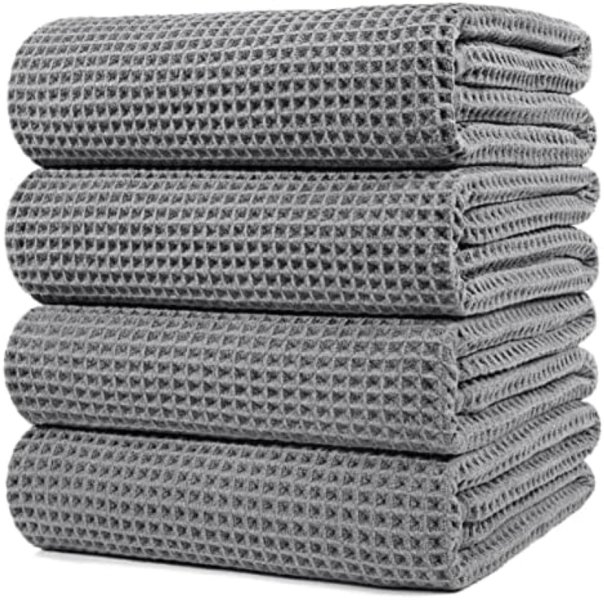 PromoHome Set van 4 Microvezel Badhanddoeken met Wafelweefsel - Grijs - 152 x 76 cm