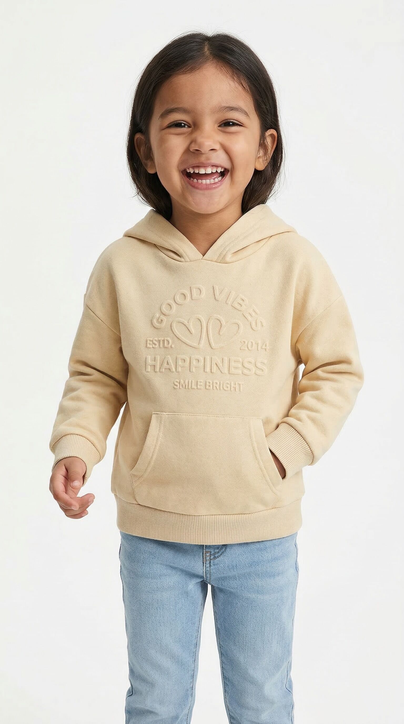 Hoodie ZWILLINGSHERZ "Happiness Vibes", Mädchen, Gr. 122/128, beige, Sweatware, Obermaterial: 80% Polyester, 20% Baumwolle, Sweatshirts Hoodie, Mini-Me,mit Stickerei und positiver Botschaft