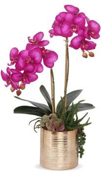 Jenny Silks Real Touch Purple Orchids Arrangement in Gold Cylinder Pot