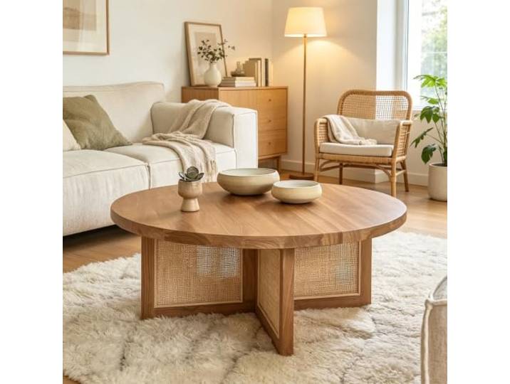 Handgefertigter Luxus-Couchtisch aus Edelesche ,natürlichem Rattangeflecht Couchtisch aus massiver Esche kombiniert mit natürlichem Rattan, glatte sichere Rundkanten, stabiler Rahmen(Ash)
