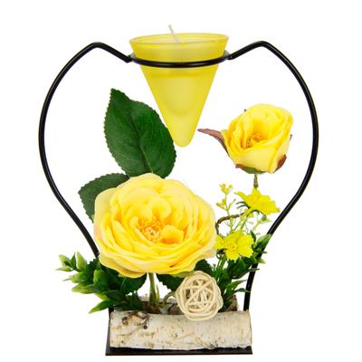 Teelichthalter I.GE.A. "Rose", gelb, B:17cm H:19cm, Glas, Metall, Polyester, Kerzenhalter, Teelichthalter, Metall Glaseinsatz Teelichtkerze Kunstblumen Kerzenständer Advent 3D