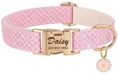 Uplift Picks Bling Nylon Custom Dog Collar Engraved Flower ID Buckle pink l