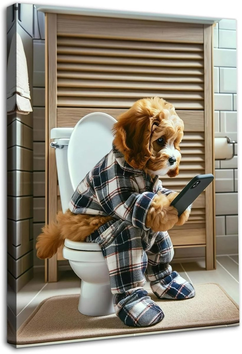 Grappige wanddecoratie voor de badkamer met slapende hond op toilet, canvas illustratie, 30,5 x 40,6 cm