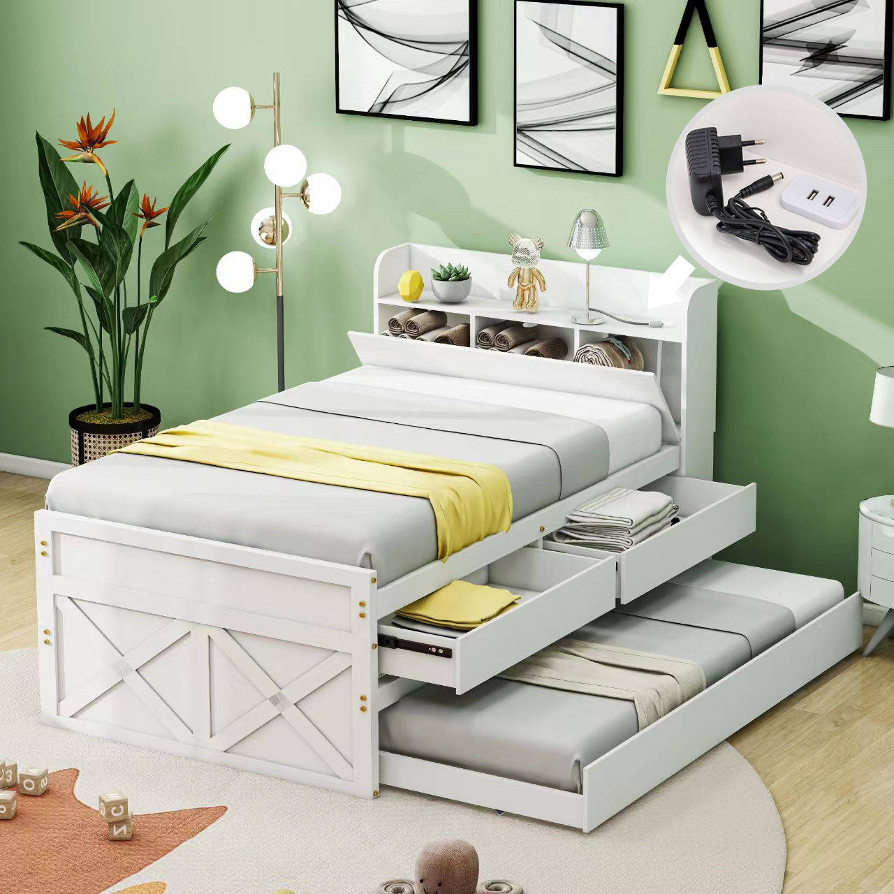 Merax Massivholzbett Einzelbett 90x190cm mit Ausziehbett und USB, Funktionsbett mit 2 Schubladen und Stauraumfach, Kiefer Tagesbett Funktionsbett Gästebett Kinderbett, Grau