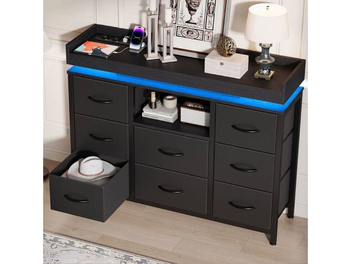 Commode 8 tiroirs LED meuble rangement chambre adulte armoire de rangement avec LED commode chambre scandinave Noir