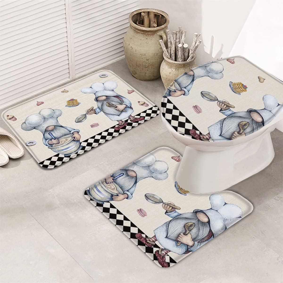 Badezimmer-Set mit Küchenchef-GNOME-Motiv zum Kochen, für Desserts und Essen, Kontur-Badteppich, maschinenwaschbar, U-förmiger WC-Vorleger, saugfähig, WC-Deckelbezug für das Badezimmer