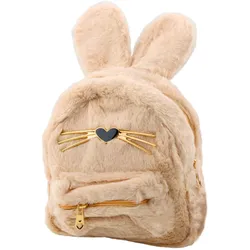 Kinderrucksack aus pelzigem Plüsch mit Hasenohren, Nase und Schnurrhaaren, Beige, 3 l, 22 cm