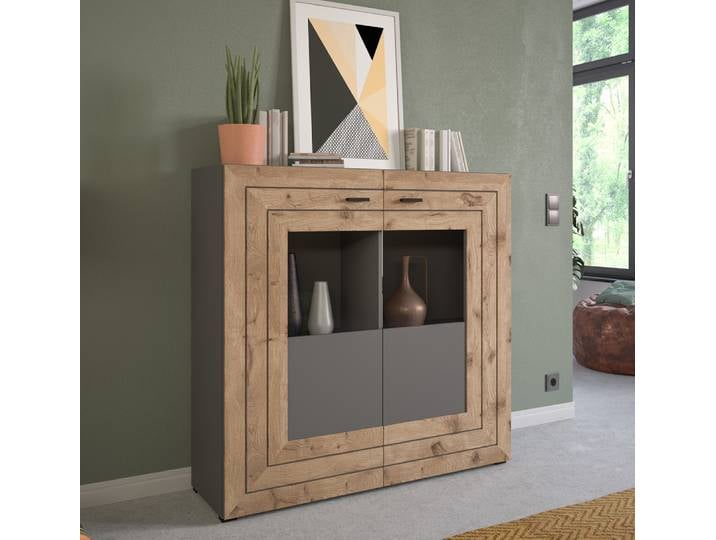 Highboard Freno , grau matt / Nox Oak , ohne Beleuchtung