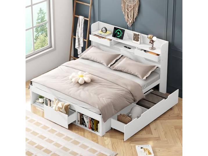 Bellemave Jugendbett 140x190 mit USB-Anschluss & Stauraum,Kinderbett Weiß Kiefernholz‑MDF,Inklusive Lattenrost,Schubladen & Stauschrank,USB-C Ladefunktion,Belastbar bis 200 kg,Vielseitig nutzbar