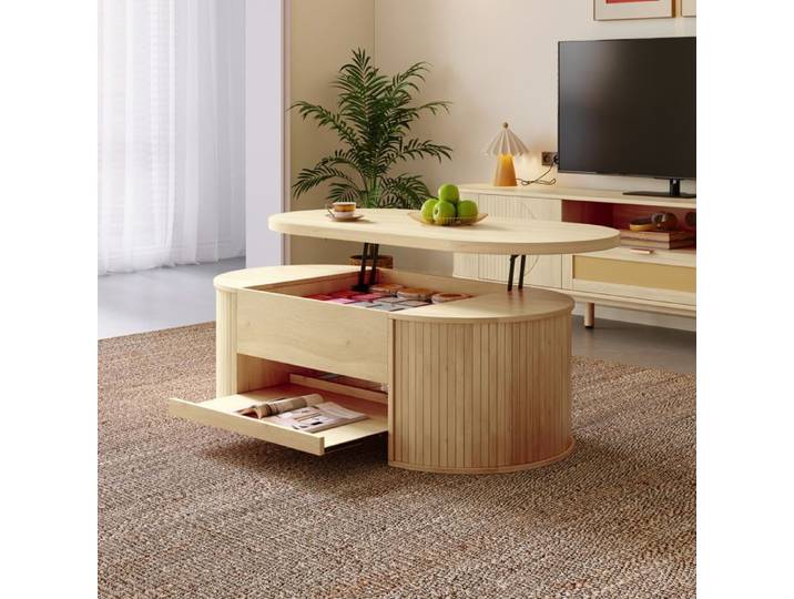 LPOSPI Table basse relevable étagère extensible design incurvé MDF naturel 110x55 5x40 cm